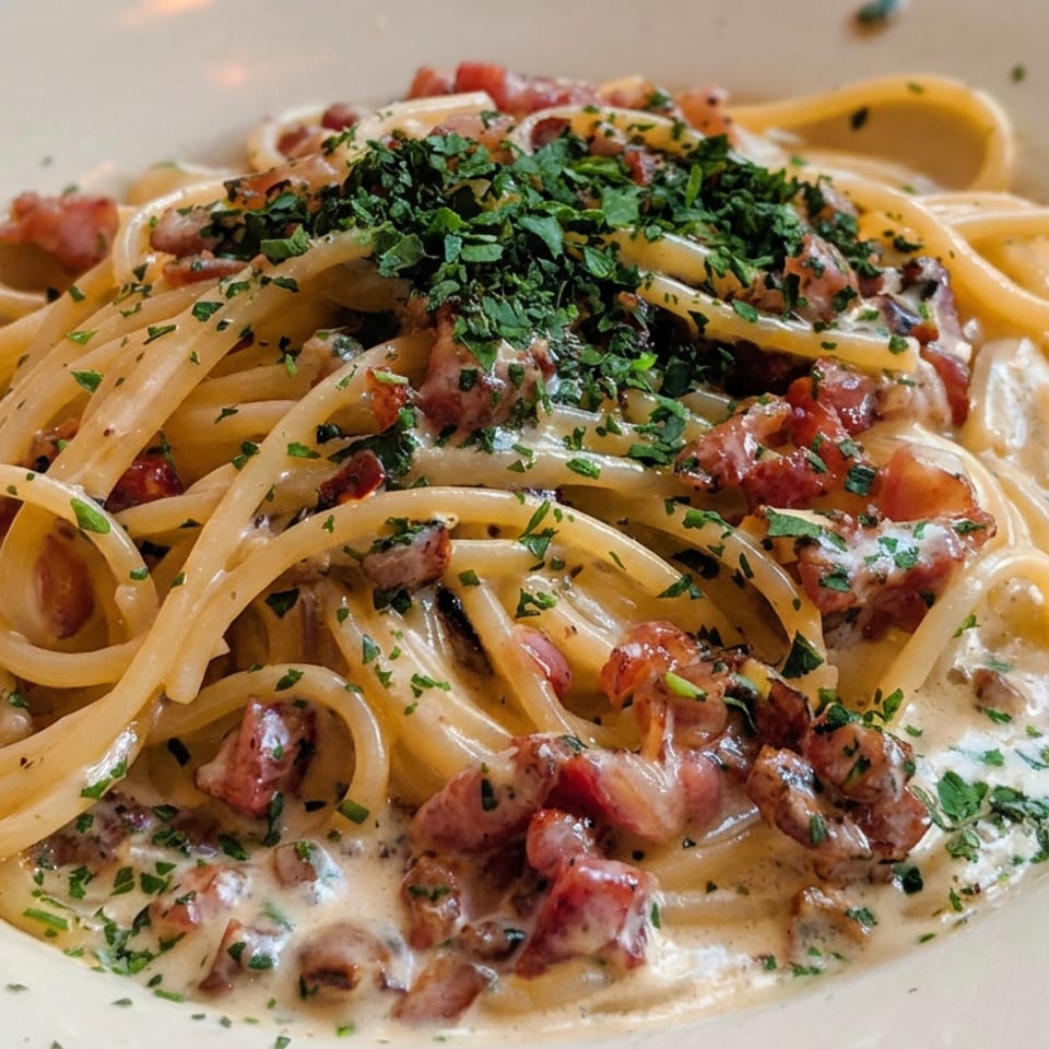 Creamy linguine pasta topped with diced bacon, mushrooms, tomatoes, and chopped parsley on a white plate.