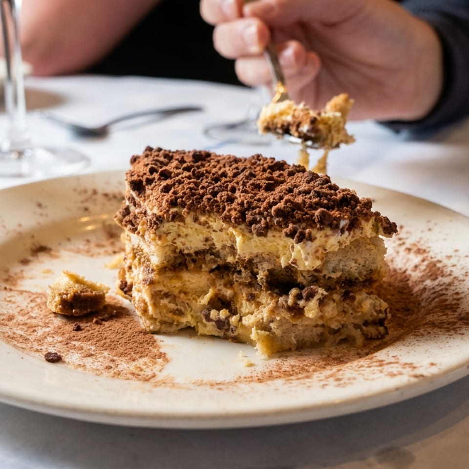 Layered tiramisu dusted with cocoa sits on a plate while a diner lifts a bite with a fork.