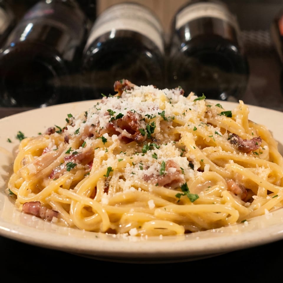 Creamy spaghetti carbonara topped with bacon, grated cheese, and parsley, served on a plate beneath a rack of wine bottles.