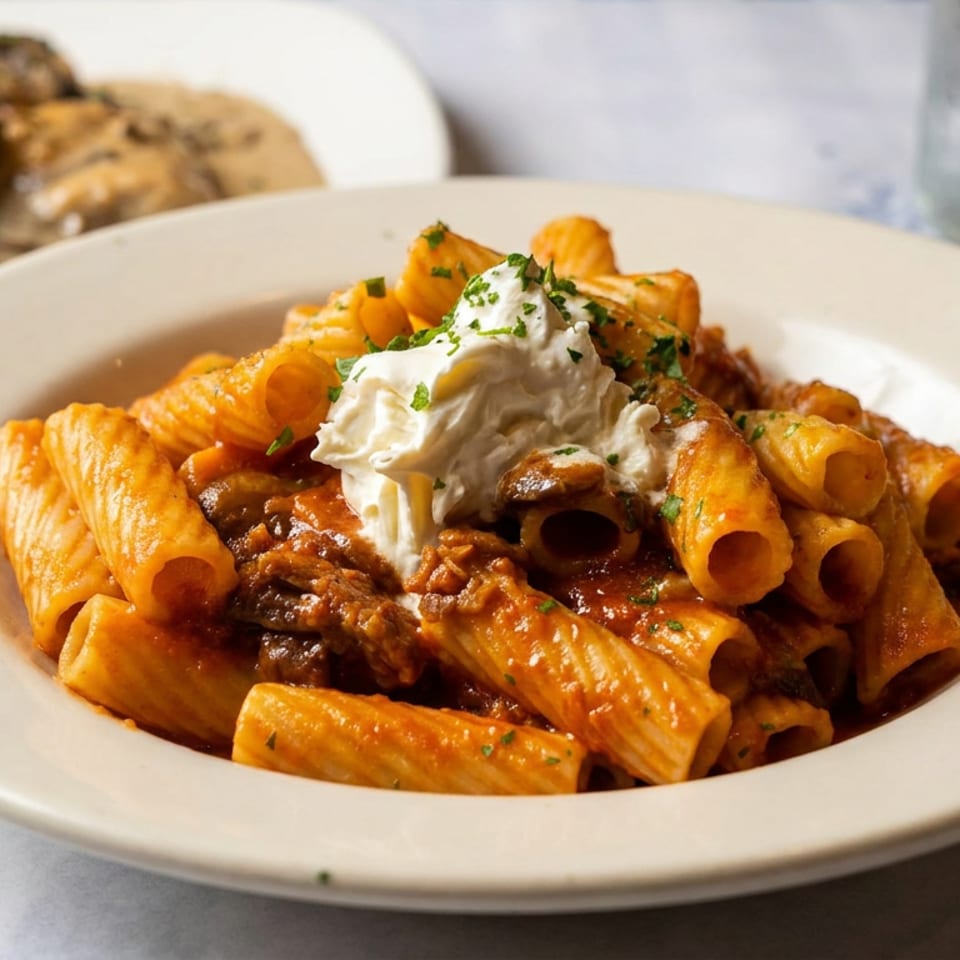Rigatoni pasta in tomato sauce topped with creamy burrata and herbs, with toasted bread and water in the background.