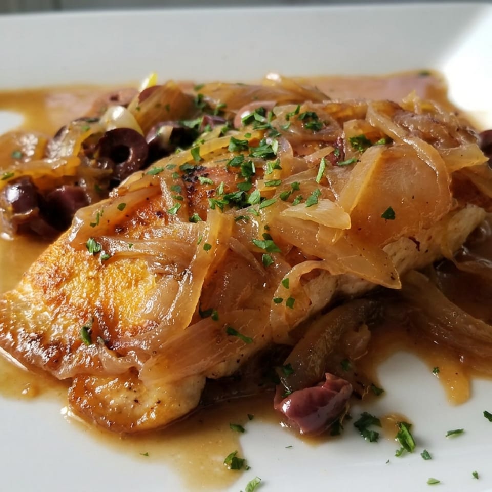 Braised chicken topped with caramelized onions, black olives, and herbs, served with a lemon wedge on a white plate.