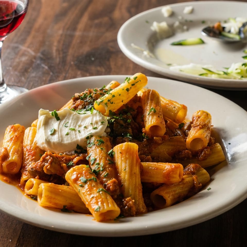 Rigatoni pasta with meat sauce, herbs, and creamy cheese served on a white plate beside red wine and a partially eaten salad.