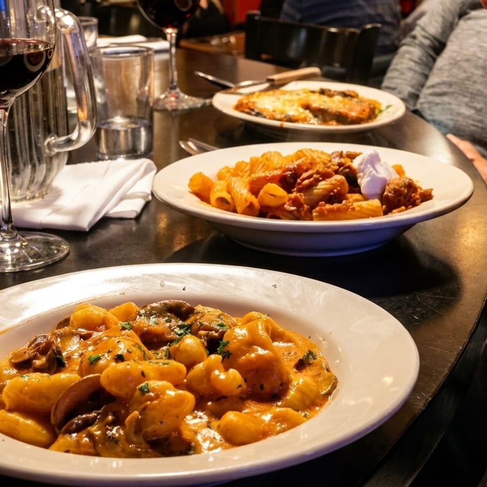 Three plates of pasta, including creamy gnocchi and baked pasta, sit on a restaurant table beside red wine and diners.