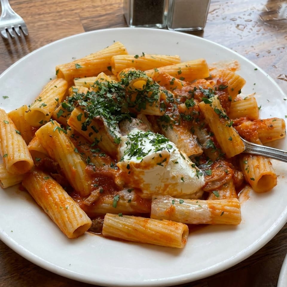 Rigatoni pasta in tomato sauce topped with creamy cheese and fresh herbs, served on a white plate atop a wooden table.