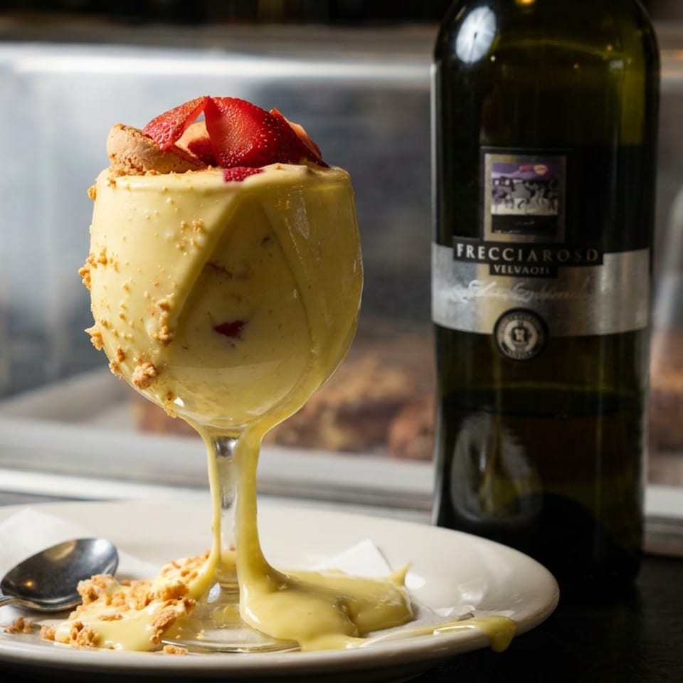 Creamy yellow dessert topped with strawberries and crumbs sits in a wine glass beside a Frecciarossa Velvaro wine bottle.
